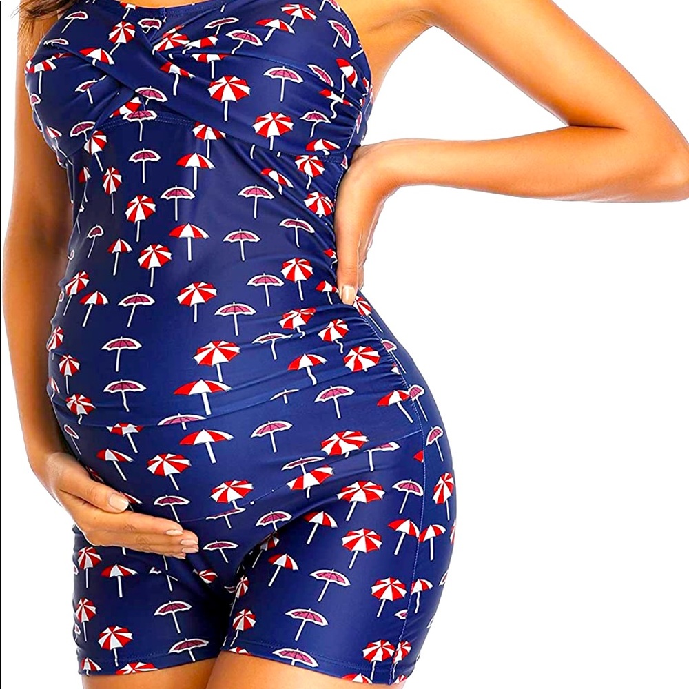 Large One Piece Maternity Swimsuit, Cute Retro Style.